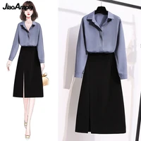 m 5xl womens two pieces skirts suit office lady graceful joker long sleeve shirtblack split a line skirt sets 2022 spring new