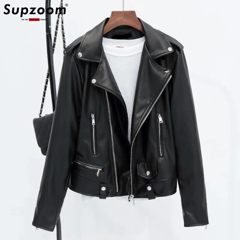 Supzoom 2022 New Arrival Top Fashion Female Coat Zippers Full Short Turn-down Collar Office Lady Short Women Leather Jacket