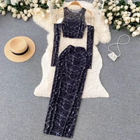women sexy two pieces set clothes bodycon suit oil print round collar off shoulder hole blouse and high waist long skirt summer