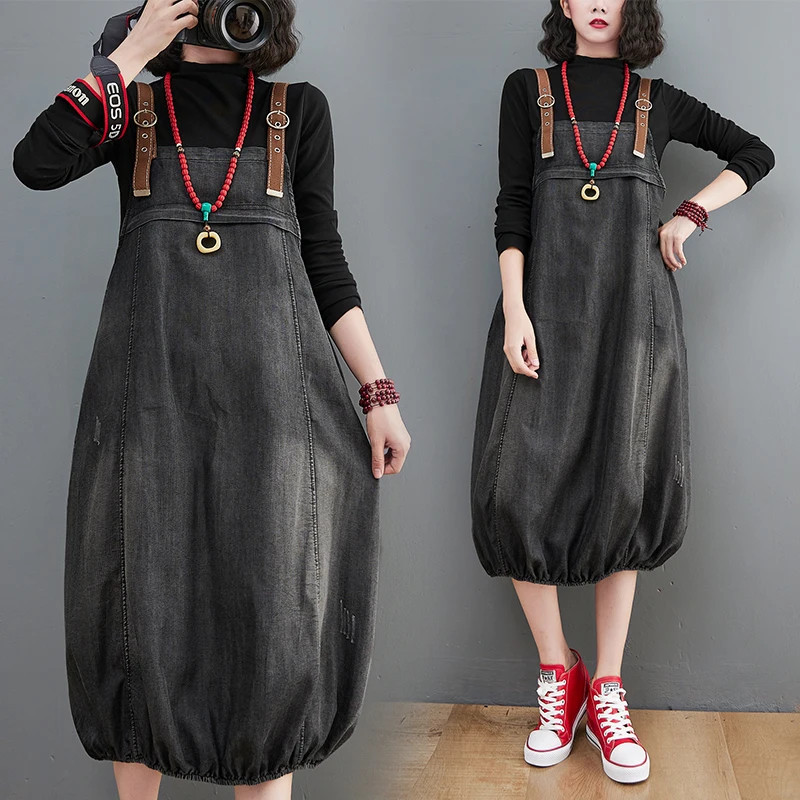 

Vintage Loose Straight Women's Denim Dress Casual Oversized Plus Size Mom Jeans Dresses Suspender Lantern Long Vestidos Mujer