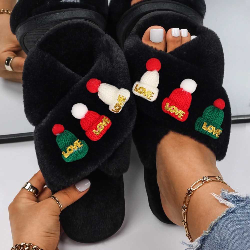 Slippers Women Fluffy Slides Cute Christmas Beanie Sandals Ladies Faux Fur Flip Flops Flat Indoor Slippers Furry Shoes 2022 New
