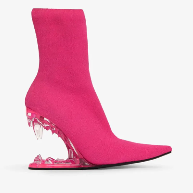 European and American New Knitted Lacquer Leather Women's Short Boots Fashion Pointed Side Zipper Teeth High Heel Ankle Boots