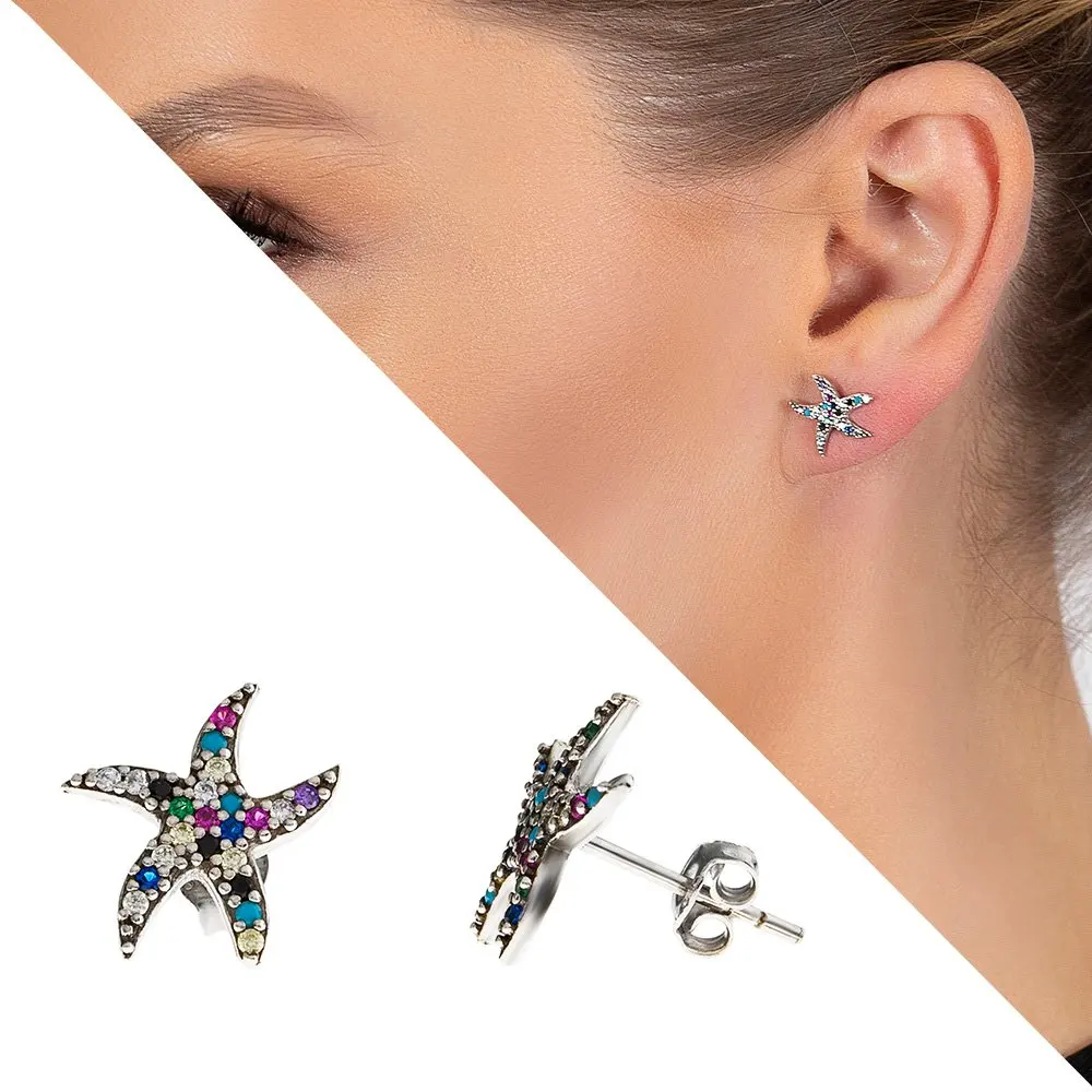 

Nipora Multicolor Zircon Stone Sea Star Design 925 Sterling Silver Women Earrings