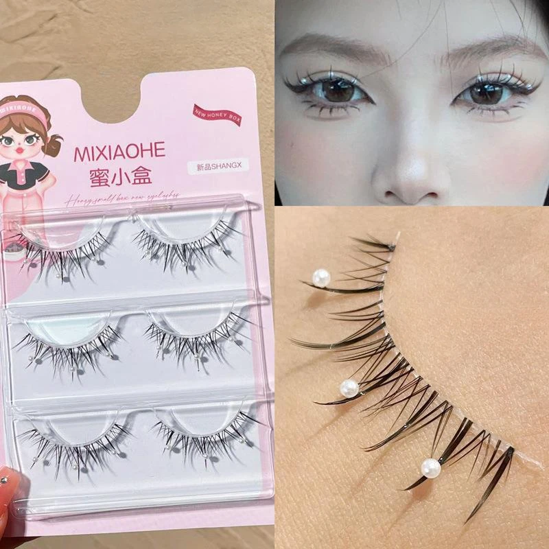 

New Pearl False Eyelashes Sequins Butterfly Natural Curling Transparent Stem Makeup Eyelash Fashion Party 3 Pairs Lashes