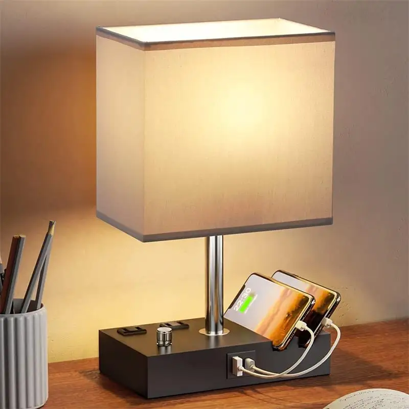 

American Bedroom Bedside Table Lamp With Switch Simple Cloth Lampshade Living Room Study Office Usb Charging Led Desk Lamp