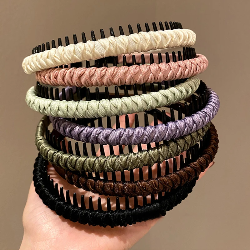 

Simple Non-Slip Braided Headband Korean Weave Thin Head Hoop Hair Accessories Solid Color Cloth Wrap Toothed Hair Hoop Headwear