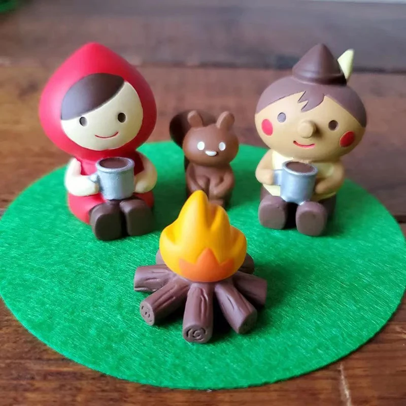 

Ins Little Red Riding Hood Big Bad Wolf Mountaineering Bonfire Camping Theme Miniature Scene Mini Desktop Decoration Gift