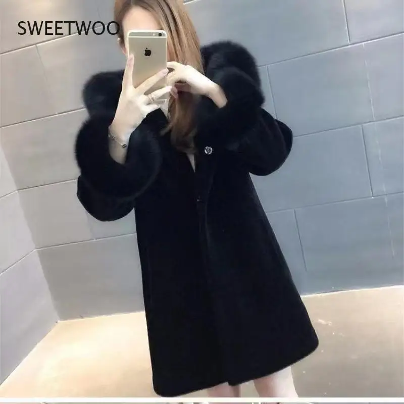 Fashion Winter New Hooded Sheep Sheared Fur Coat Wool Coat Women's Medium and Long Imitation Fox Hair Thickened Korean Slim Fit