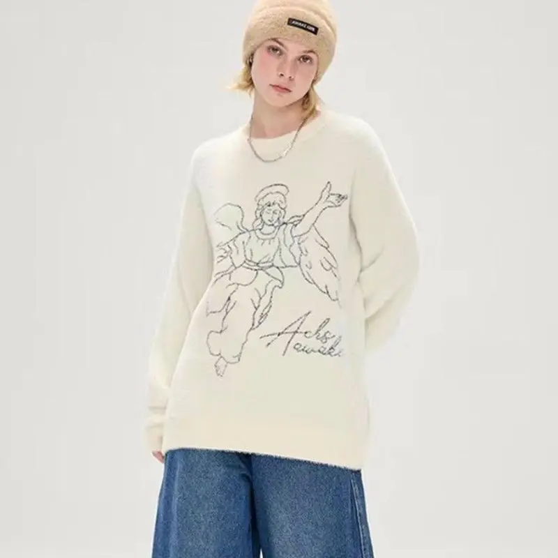 

STSVZORR Korean Y2K felt mink wool sweater soft waxy loose pullover top autumn and winter lazy style knitwear