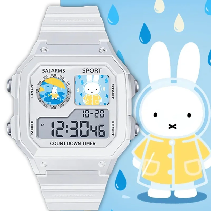 Фото Милые электронные часы Miffy с маленькими квадратиками, универсальная модель для студентов, водонепроницаемые, в подарок, спортивные часы, очаровательные №1