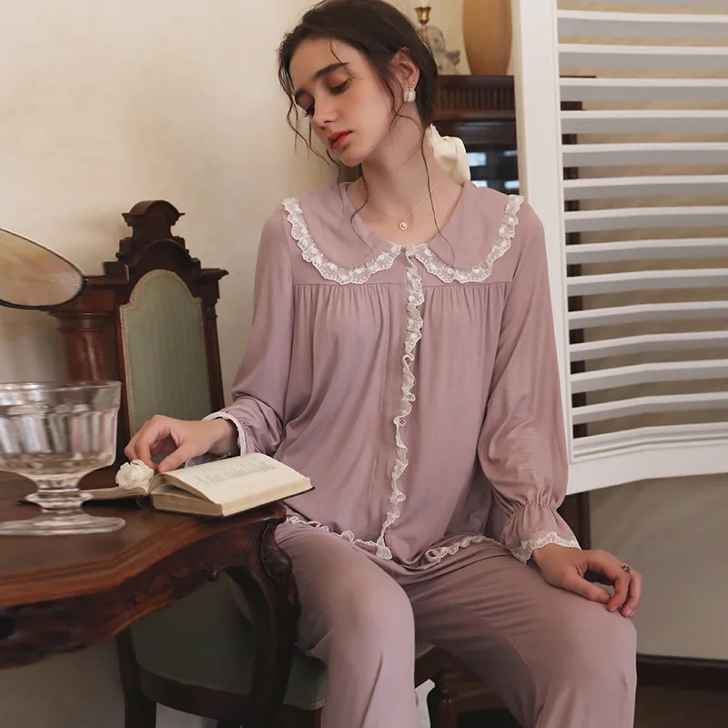 

Roseheart Spring Purple Women Lace Sleep Pajama Sets Sleepwear Suits Plus Size 2 Piece Nightgown Stars Warm Cotton