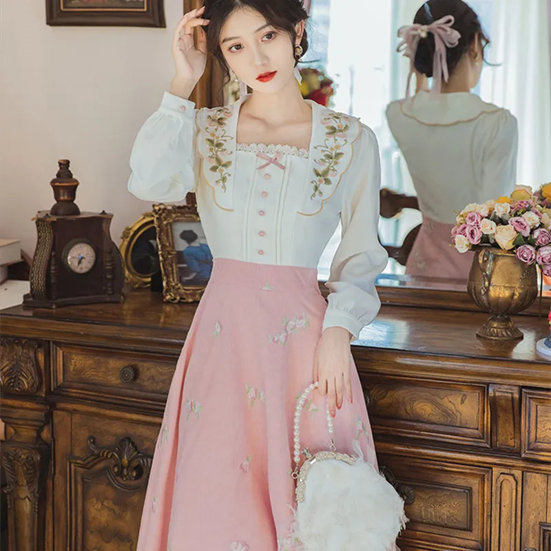 

Женское винтажное платье принцессы, элегантное милое розово-белое платье миди с цветочной вышивкой и бантом в стиле пэчворк, ретро