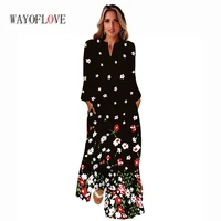 wayoflove spring autumn woman elegant long dress casual holiday beach vestidos flowers printed black long sleeve vintage dresses