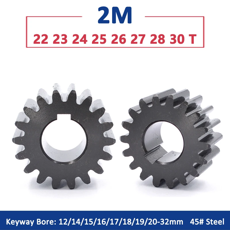 

1pc 22T-30T 2M Spur Gear 45# Steel 22 23 24 25 26 28 30 Teeth Drive Flat Gear Keyway Bore 12/14/15/16/17/18/19/20/22/24/25-32mm