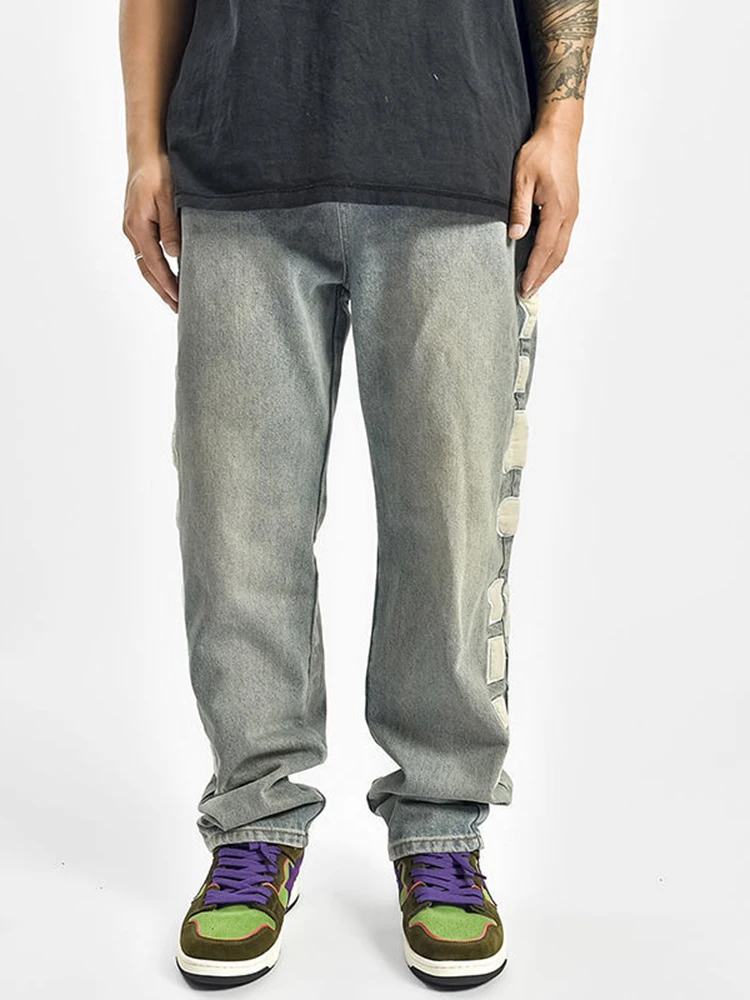Men Skeleton Baggy Casual Pants Mens Japanese Streetwear Wide Leg Denim Trousers Male Y2k Blue Vintage Denim Pants Men Clothing