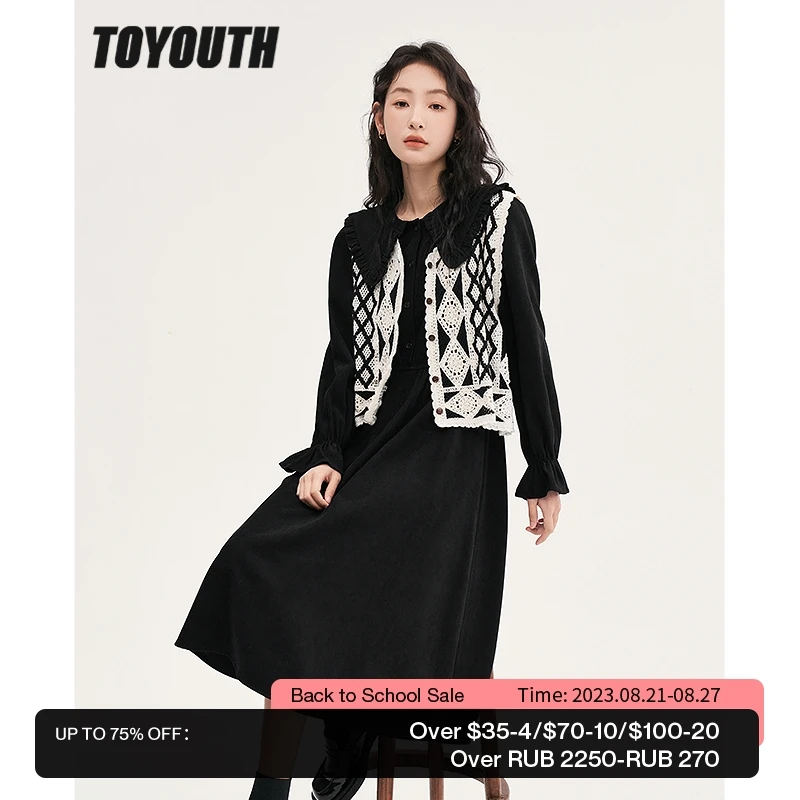 

Toyouth Women Dress 2022 Winter Long Sleeves Petal Collar A-line Crochet Carving Black Vintage Casual Chic Midi Skirt