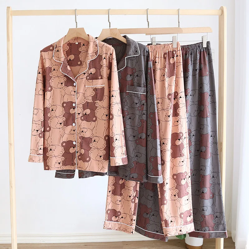 

Cartoon Couple Sleepwear Set Knitted Cotton Spring/Autumn Thin Lapel Large Long Sleeve Trouser Home Wear Two Piece Suit Pajamas
