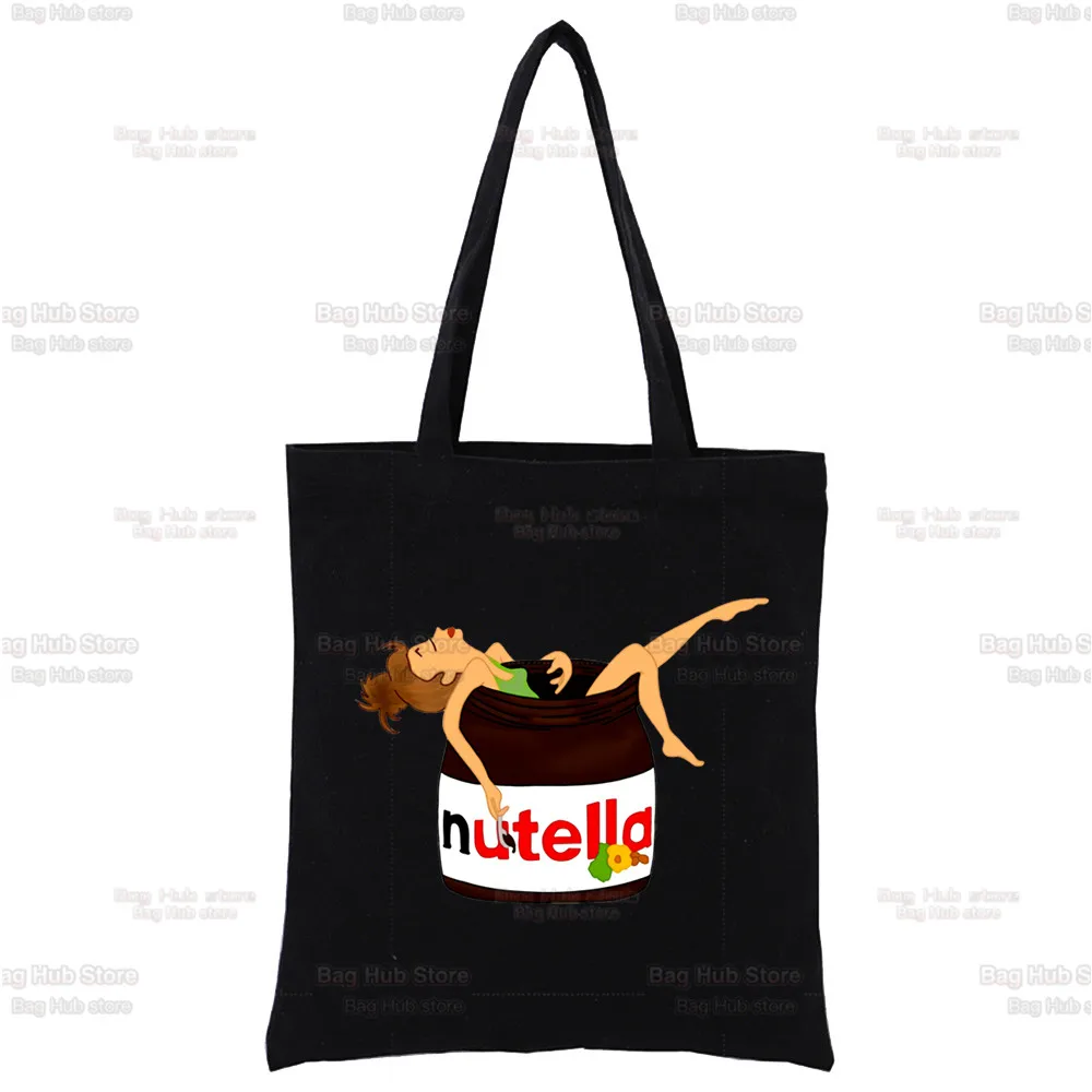 

Nutella Kawaii Graphic Harajuku Shopping Black Bags Canvas Tote Bag Cloth Cute Cartoon Peanut Butter Bag Handbag Shoulder Bags