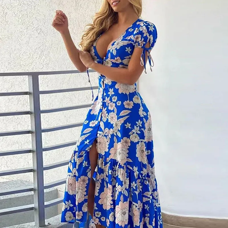 

2022 Autumn New Women's Clothing Lace Printing Slit Long Dress Maxi Short Sleeve Party Fashion Casual Dress