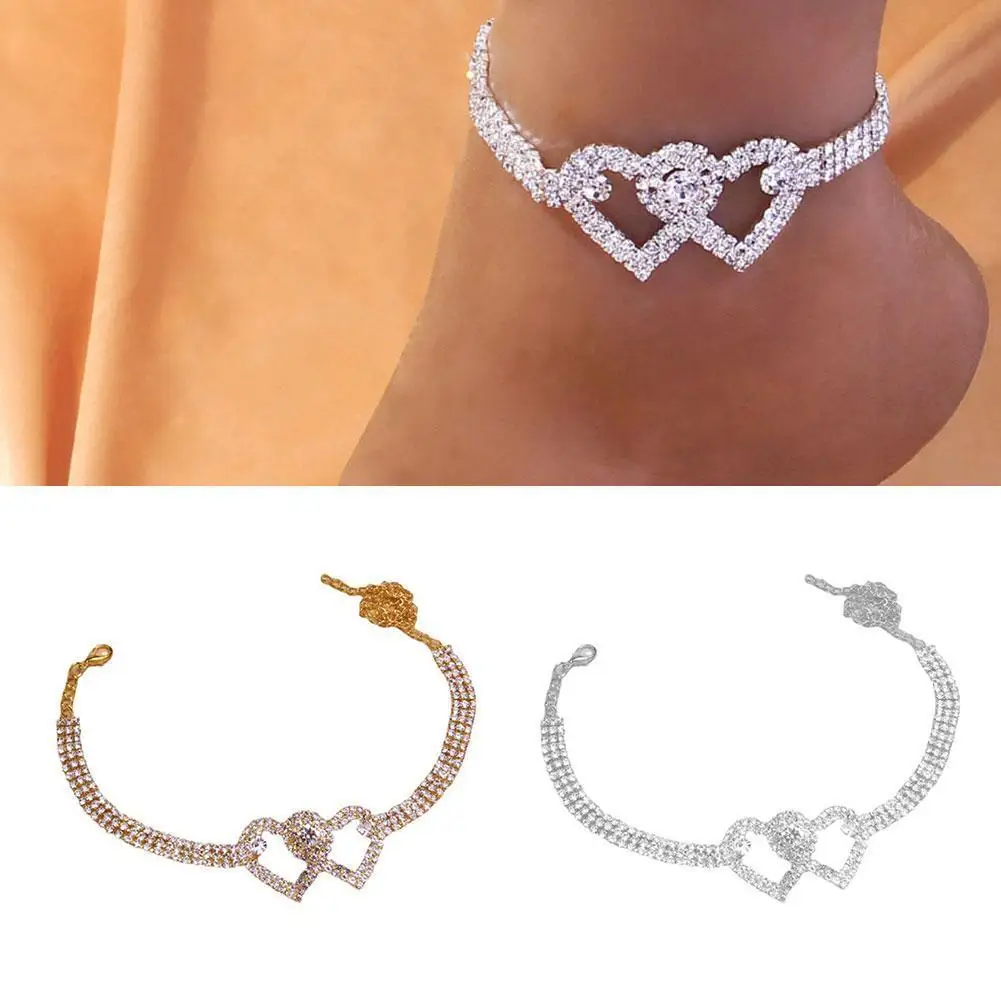 

New Fashion Full Diamond Fashion Double Heart Anklet Bowknot Element Summer Beach Jewelry Versatile Heart-shaped Anklet Anklet