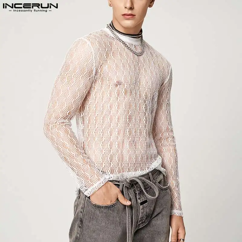 

INCERUN Fashion Men T Shirt Mesh Lace Transparent 2022 O-neck Long Sleeve Camisetas Streetwear Fitness Sexy Tee Tops Undershirts