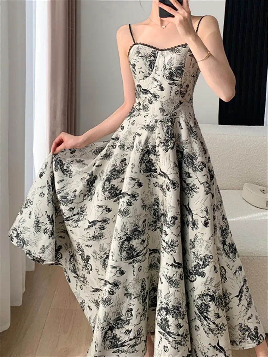 

Midi Dress for Women Summer Elegant Sleeveless Ladies Vintage Slim Waist Spaghetti Strap Floral A-line Dresses Female Clothes