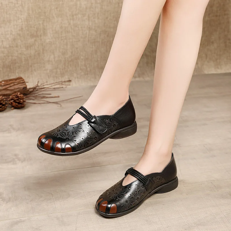 Xiuteng National Style Hollow Flat Shoes Women's Summer New Leather One Pedal Breathable Hollow Grandma Shoes Middle-Aged Shoe