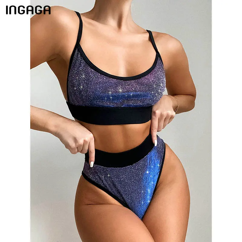 

Бикини INGAGA с высокой талией, женские купальники в стиле пэчворк, сексуальный блестящий купальник, Женский комплект бикини 2022, комплект бики...