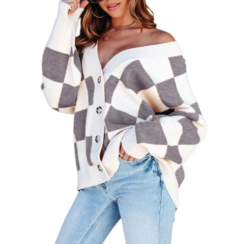 

Women's Casual Loose Fit Checkerboard Contrast V-neck Button Long Sleeve Knitted Cardigan Fashion Hot Sale for love and lemons