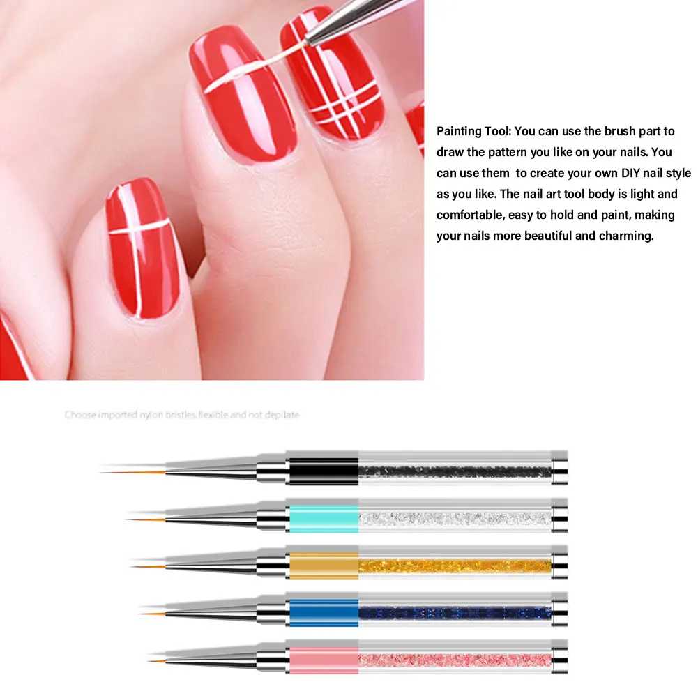 

5pcs/set Nail Art Brush Drawing Line Manicure Shiny Tool Striping With Diamond Nail Art Brushes Painting Tool DIY Nail Style