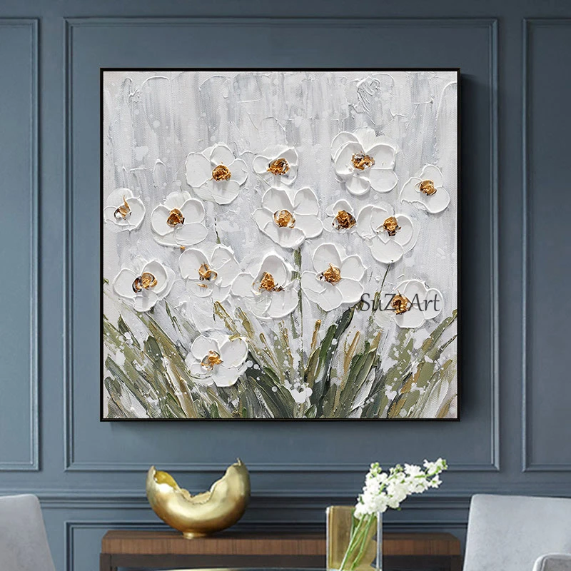 

100% Hand Painted Modern Abstract White Flower Oil Painting On Canvas Wall Art Picture Bedroom Living Room Hotel Decor Frameless