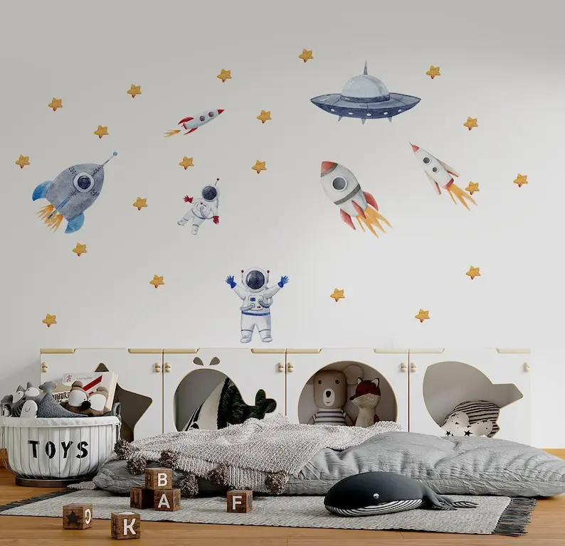 

Space Wall Decal, Space Themed Nursery, Watercolor Solar System, Sun and Planets, Constellation decal, Nursery space Decals, Pla