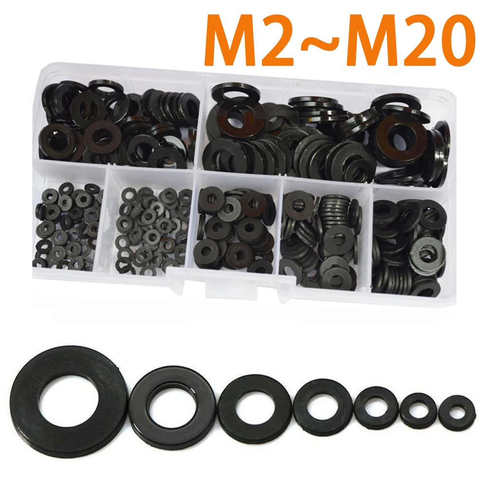 

240/350pcs M2M2.5 M3M4 M5M 6M8M10M12M14M16M18 M20 Black Insulation Ring Nylon Flat Washer Gasket Assortment Kit Home Improvement