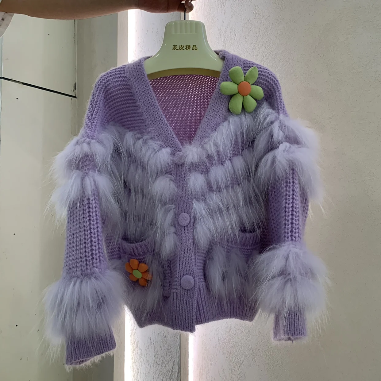 

2022 Autumn and Winter New Fox Fur Purple Fur Sweater Coat Women Fashion Sweet Flower Short Luxury Fur Cardigan Sweaters Jacket
