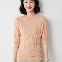 spring and summer new womens knitted half sleeved all match water ripple solid color round neck t shirt bottoming short sleeves