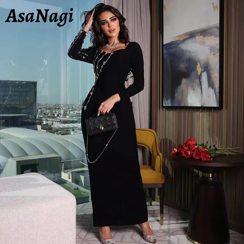 

AsaNagi Black Mermaid Evening Gown Women's Square Neck Side Slit Prom Gowns Long Sleeve Crystal Beaded Special Occasion Dresses