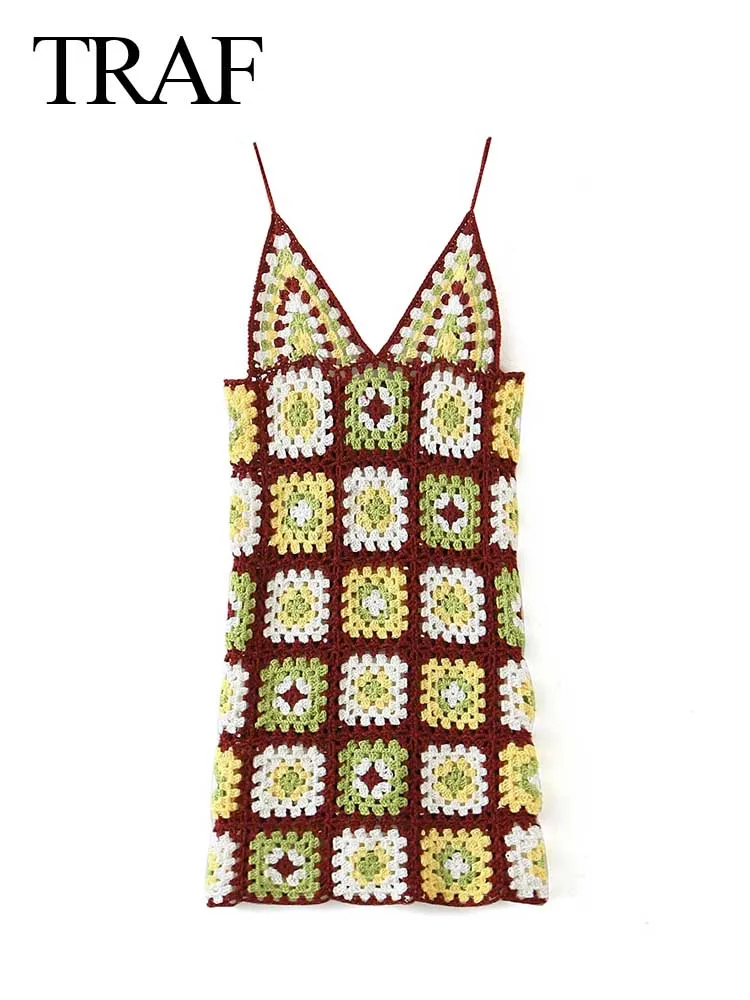 

TRAF Women's Crochet Weave Dresses Sling V-Neck Backless Sleeveless Knit Patchwork Mini Hollow Skirt Retro Flower Summer Lady
