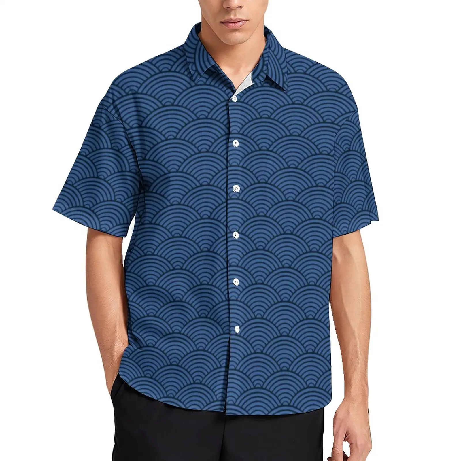 

Retro Blue Seigaiha Shirt Summer Japanese Wave Pattern Casual Shirts Blouses Short-Sleeve Stylish Oversized