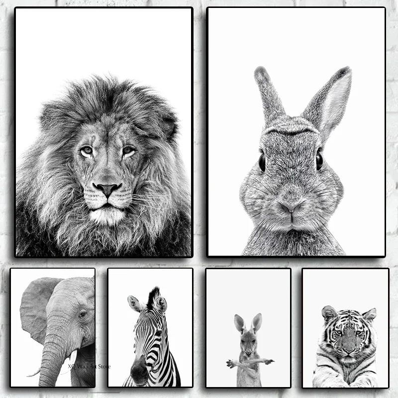 

Black and White Animals Picture Canvas Painting Nursery Kids Room Decoration Print Lion Zebra Elephant Wall Art Poster Frameless