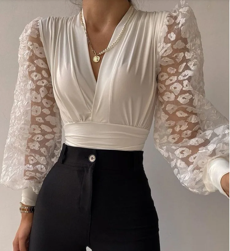 

Fashion Women's Sexy Lace Hollow Out Blouses Long Sleeve Slim Shirt Tops Elegant Female Loose High Neck Casual White Shirts