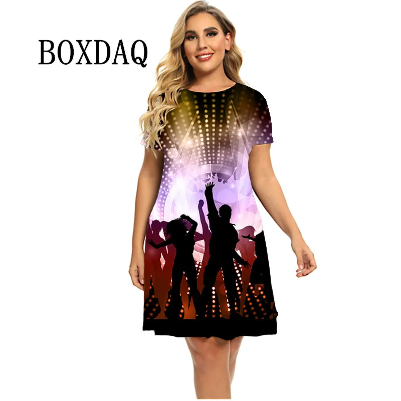 

High Street Fashion Women Dress Повседневная абстрактная фигура Танцы с принтом Мини-платье с коротким рукавом с круглым вырезом Свободные платья трапец...