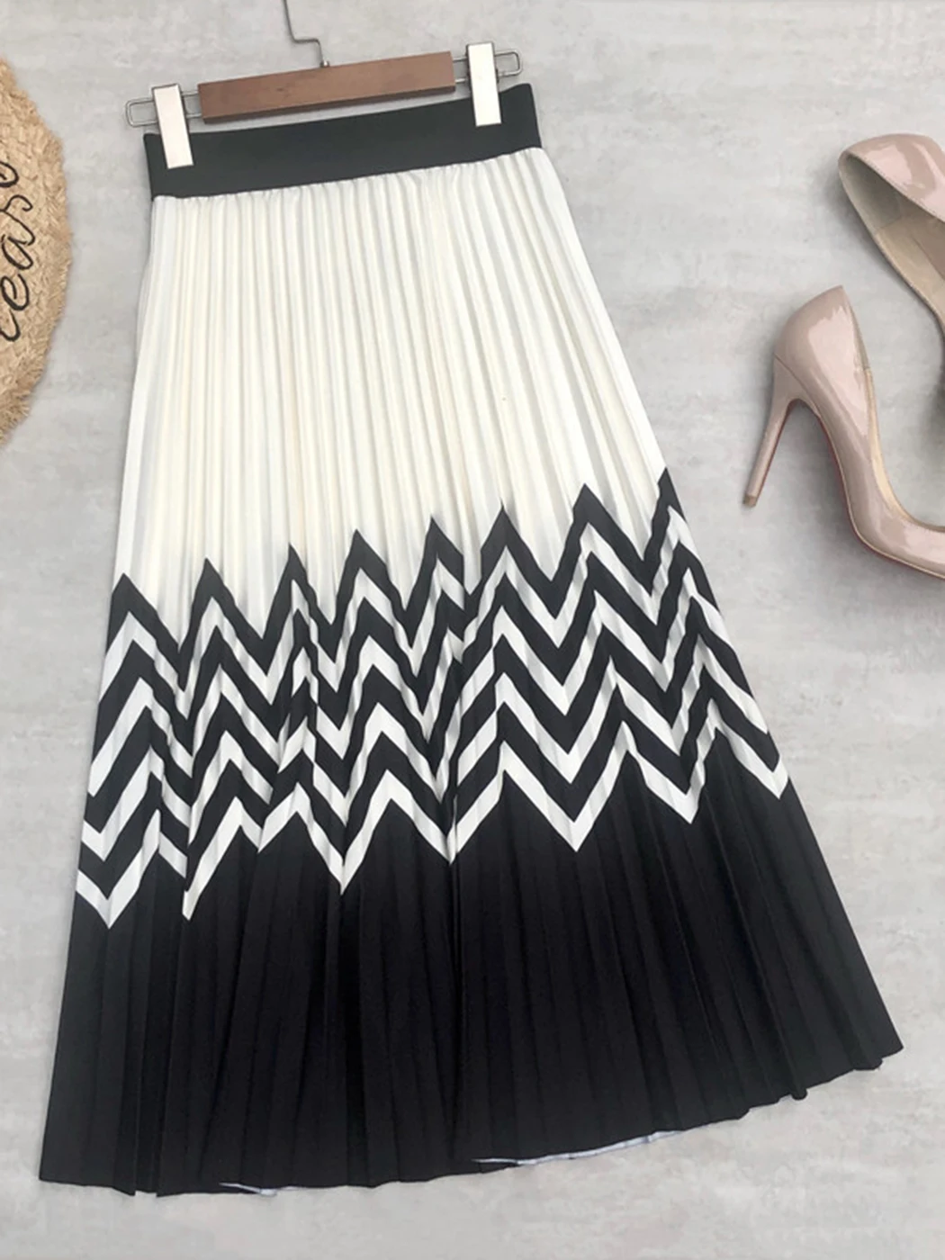 

Jyate Striped Midi Pleated Skirts Woman 2022 Summer Elastic High Waist Long Skirt Classic Retro Chic Loose High Street Clothing