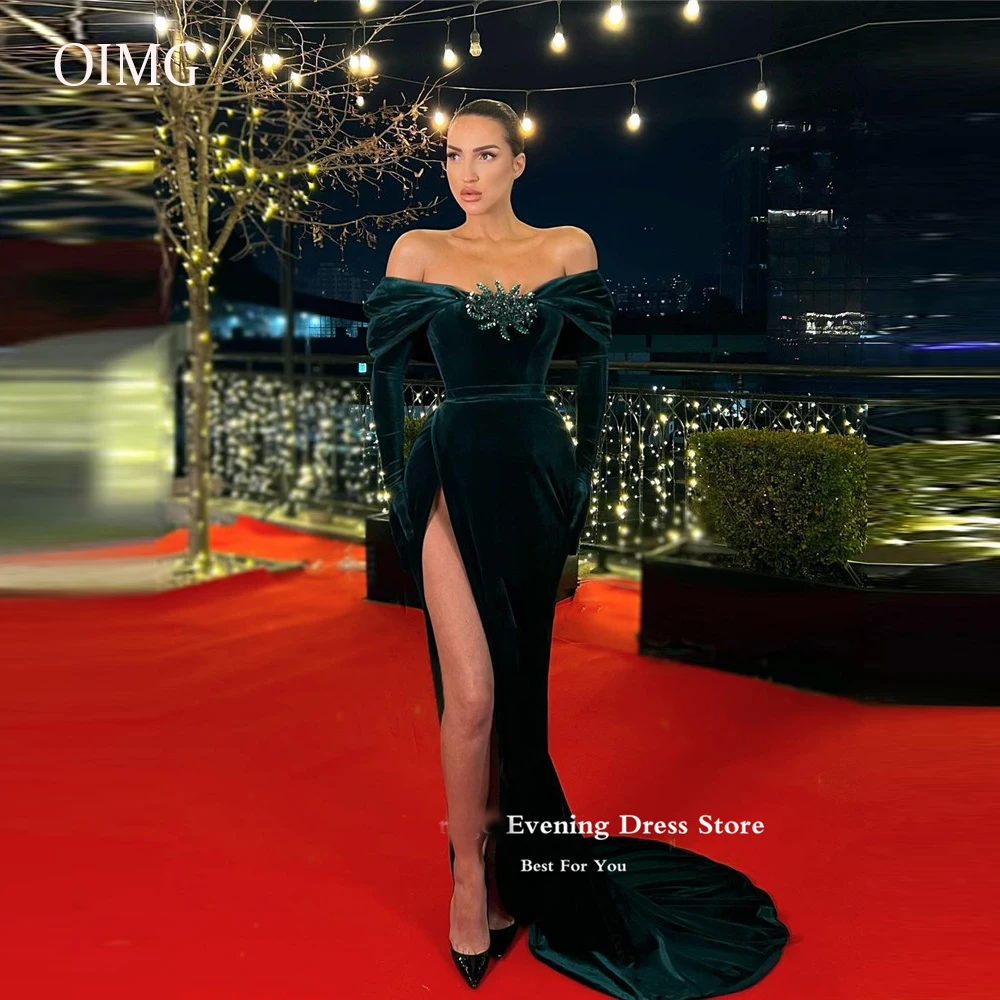 

OIMG Sexy Green Velour Mermaid Evening Dresses Dubai Arabic Crystal Celebrity Party Dress Long Gloves Off Shoulder Prom Gowns