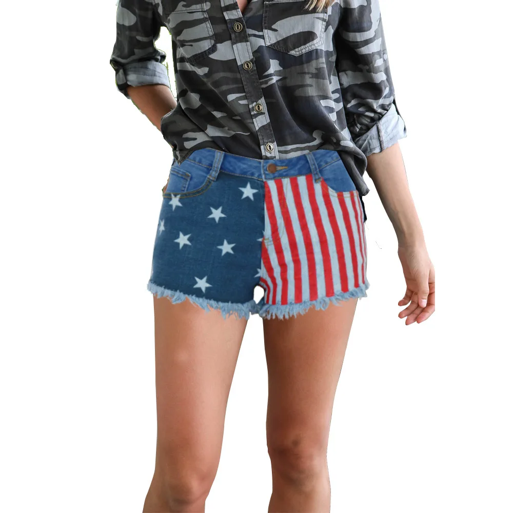 

YP665 Women's Jeans 2022 Summer Fashion Casual Print Stitching Tassel Denim Shorts Hot Pants