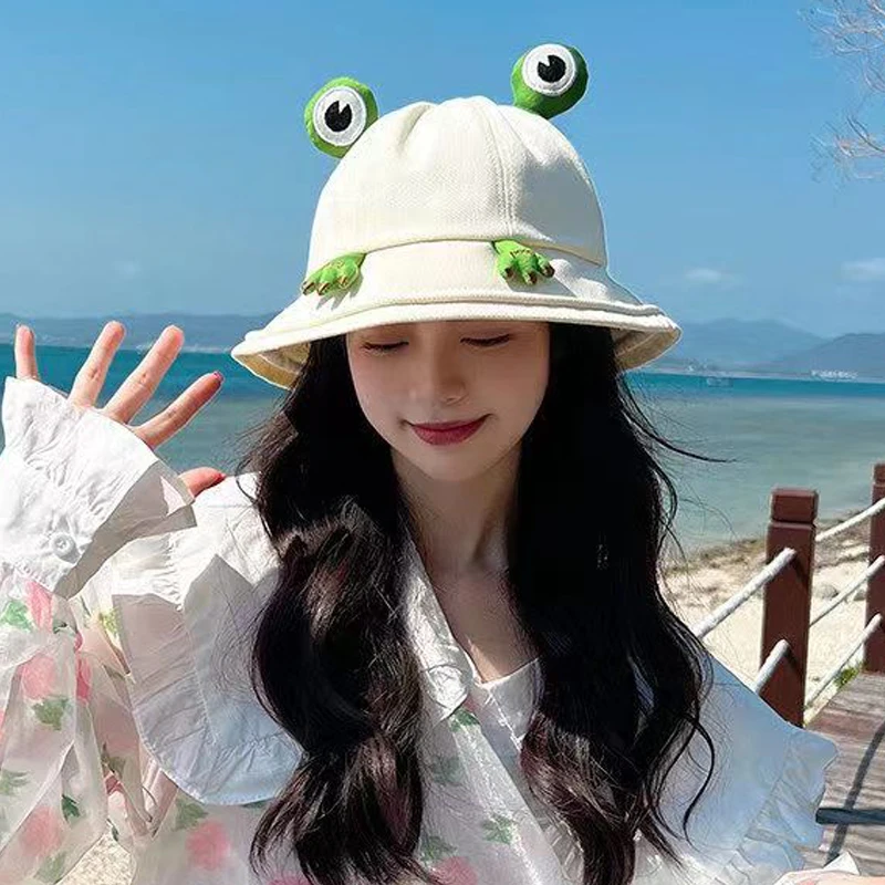 

Bucket Hats Women Cartoon Little frog Double-sided Fisherman Hat Korean Style Solid Climbing Outdoor Sunscreen Bucket Hat