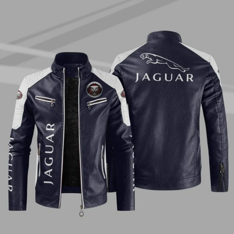JAGUAR Car Logo motorcycle PU Leather Jacket Patchwork Biker Jackets Casual Zipper Coat Male Motorcycle Jacket Outwear Coat