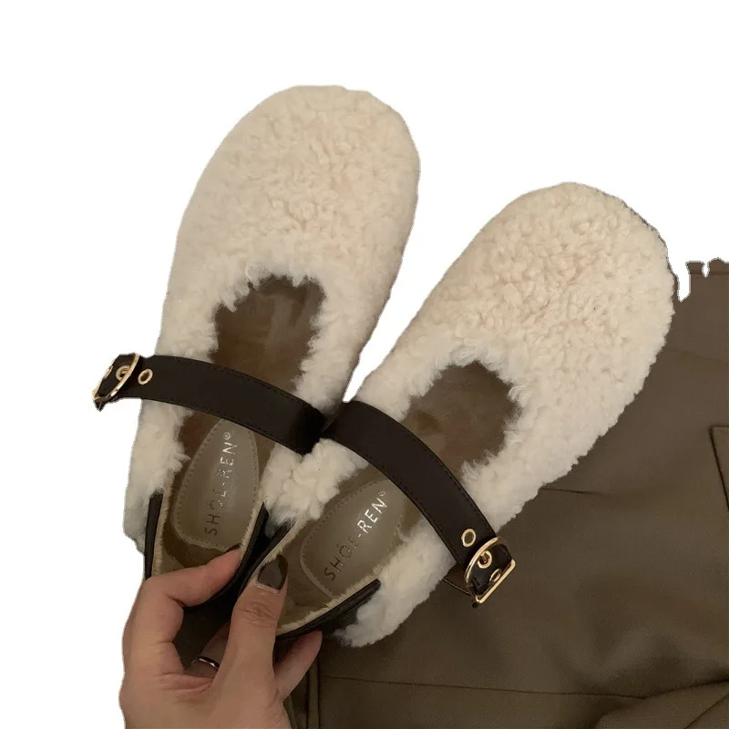 Lambswool Moccasins Femme Metal Buckle Belt Plush Flats Warm Cotton Loafers Curly Sheep Fur Mary Janes Winter Shoes Women 2022