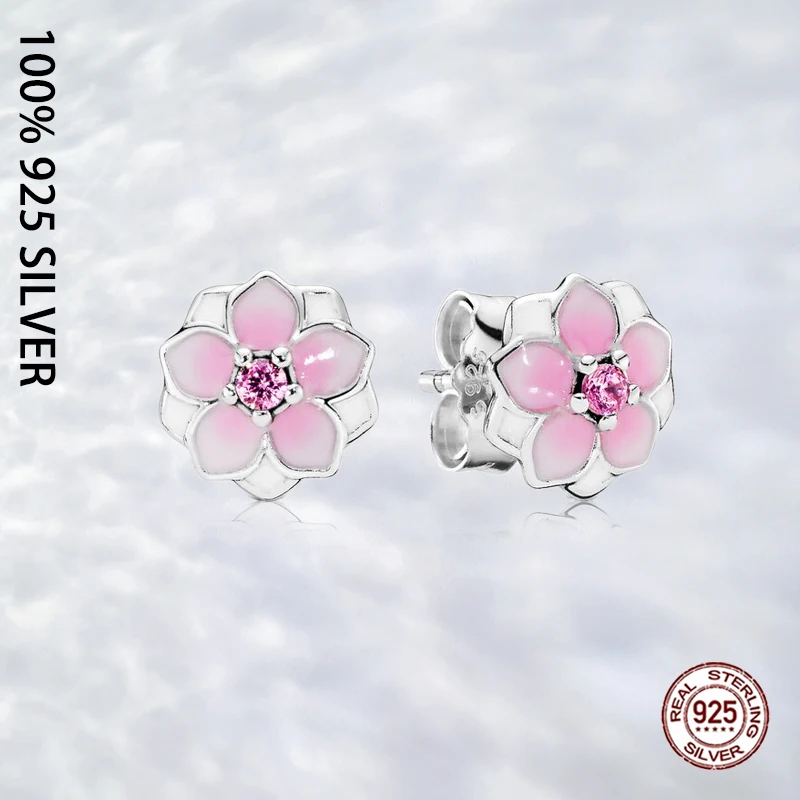 

Original Real 925 Sterling Silver Pink Magnolia Stud Earrings For Women Elegant Luxury Wedding Party Silver Jewelry