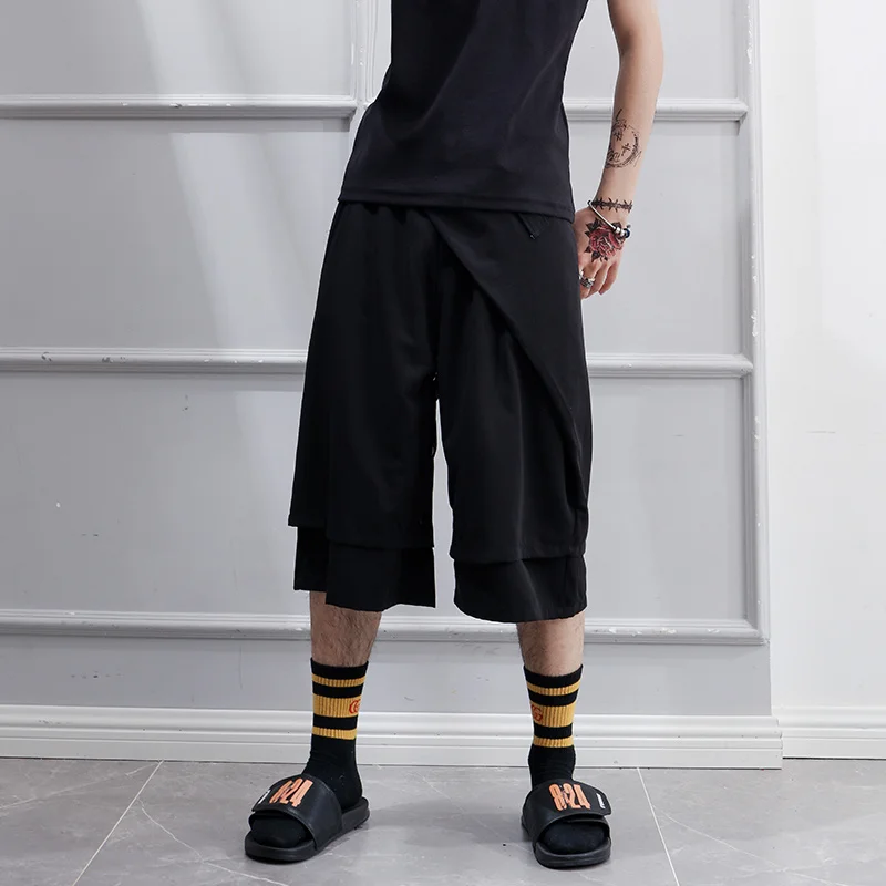 

Men Pants Black Cropped Trousers Fake 2 Pieces Of Culottes Overalls Casual Solid Color Personality 2022 Spring And Summer New