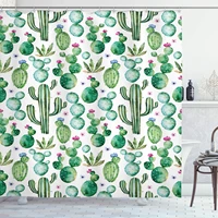 green shower curtain mexican texas cactus plants spikes cartoon like print cloth fabric bathroom decor set with hook